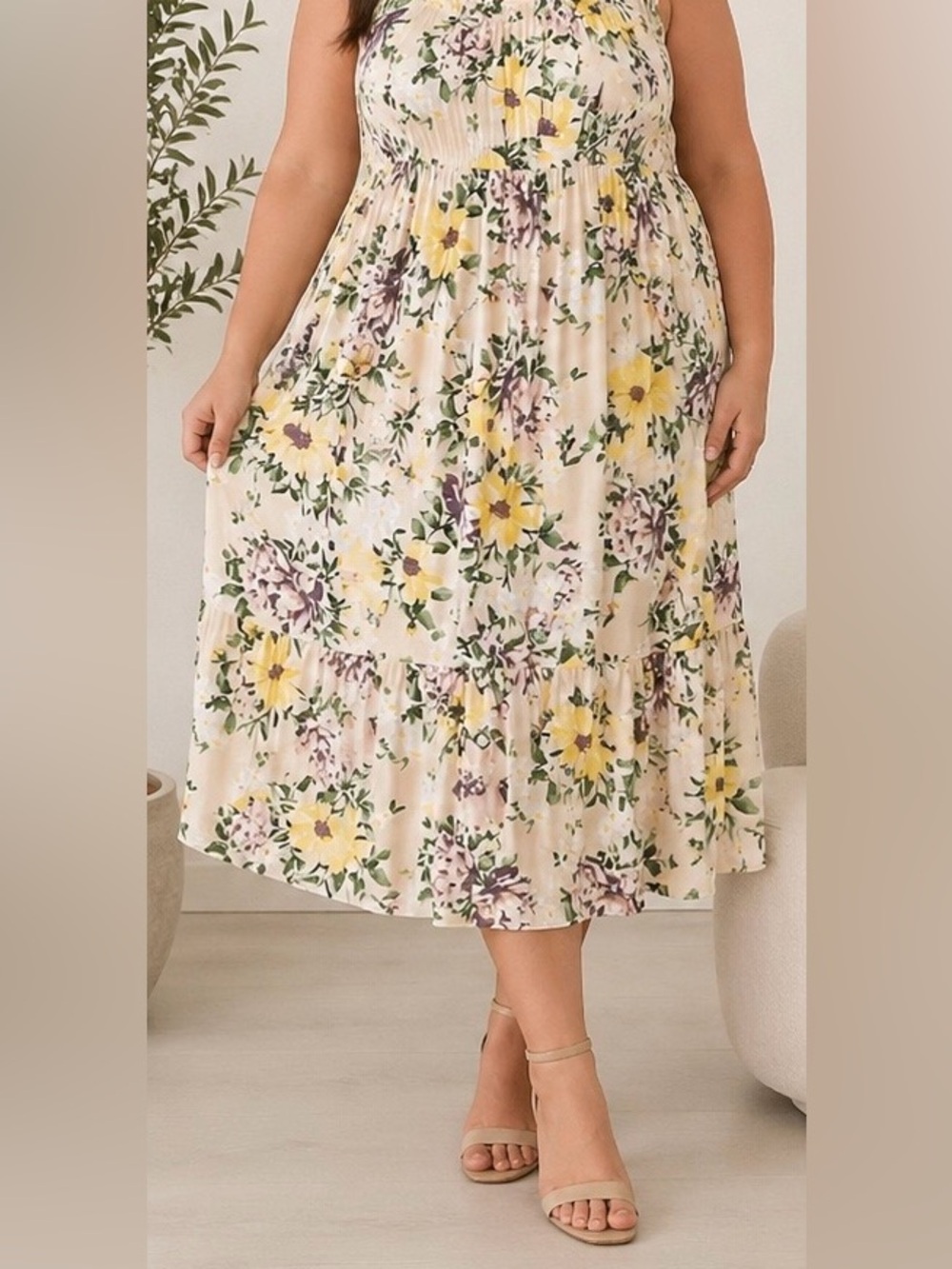 Torrid Cream Floral Midi Dress with Yellow & Green Accents